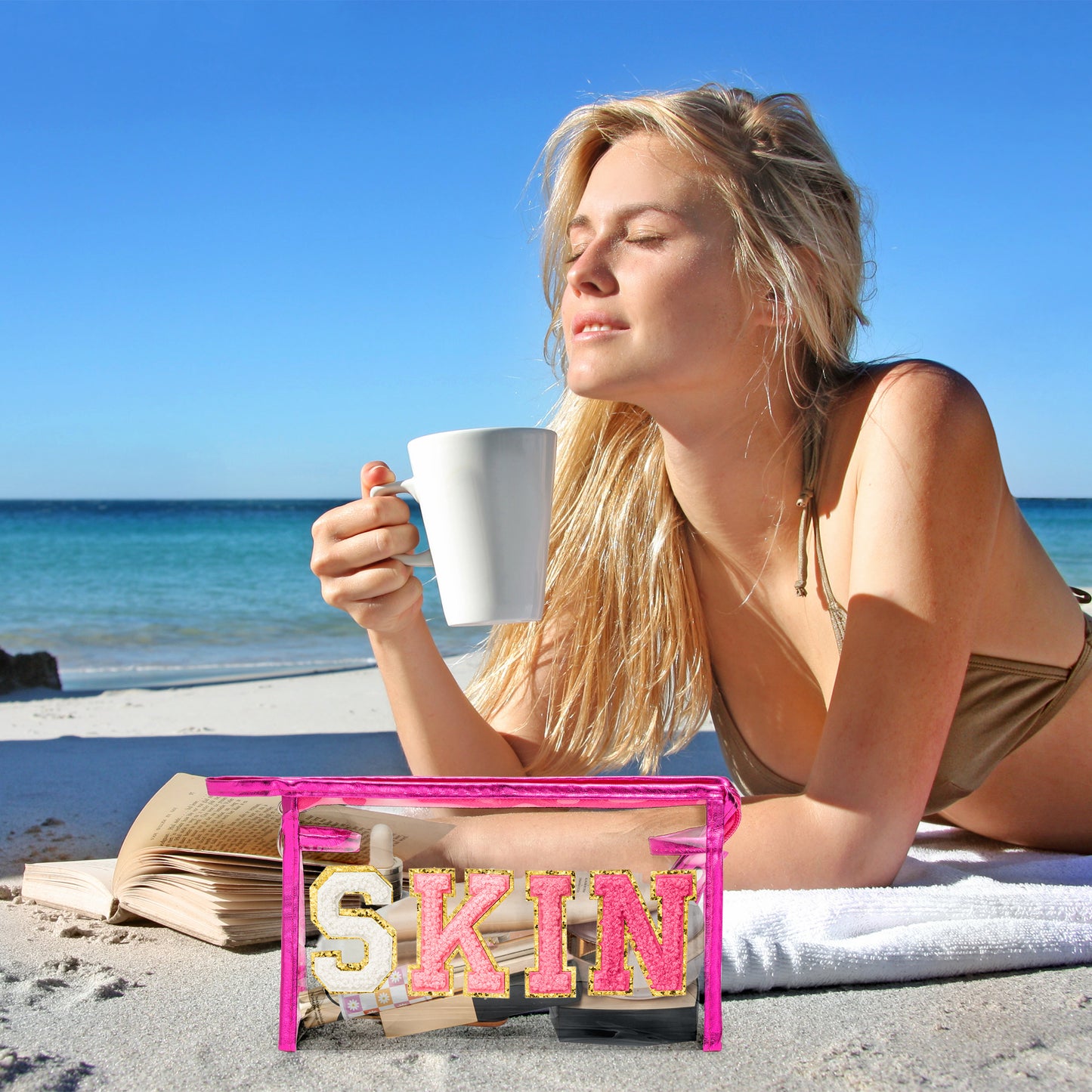 AsodSway Gradual Rose SKIN Cosmetic Bag - Varsity Patch SKIN Letter Cosmetic Bag Waterproof Portable Transparent Rose Red Frame PVC Zipper Clutch Bag Travel Summer Party Makeup Bag for Women Girls