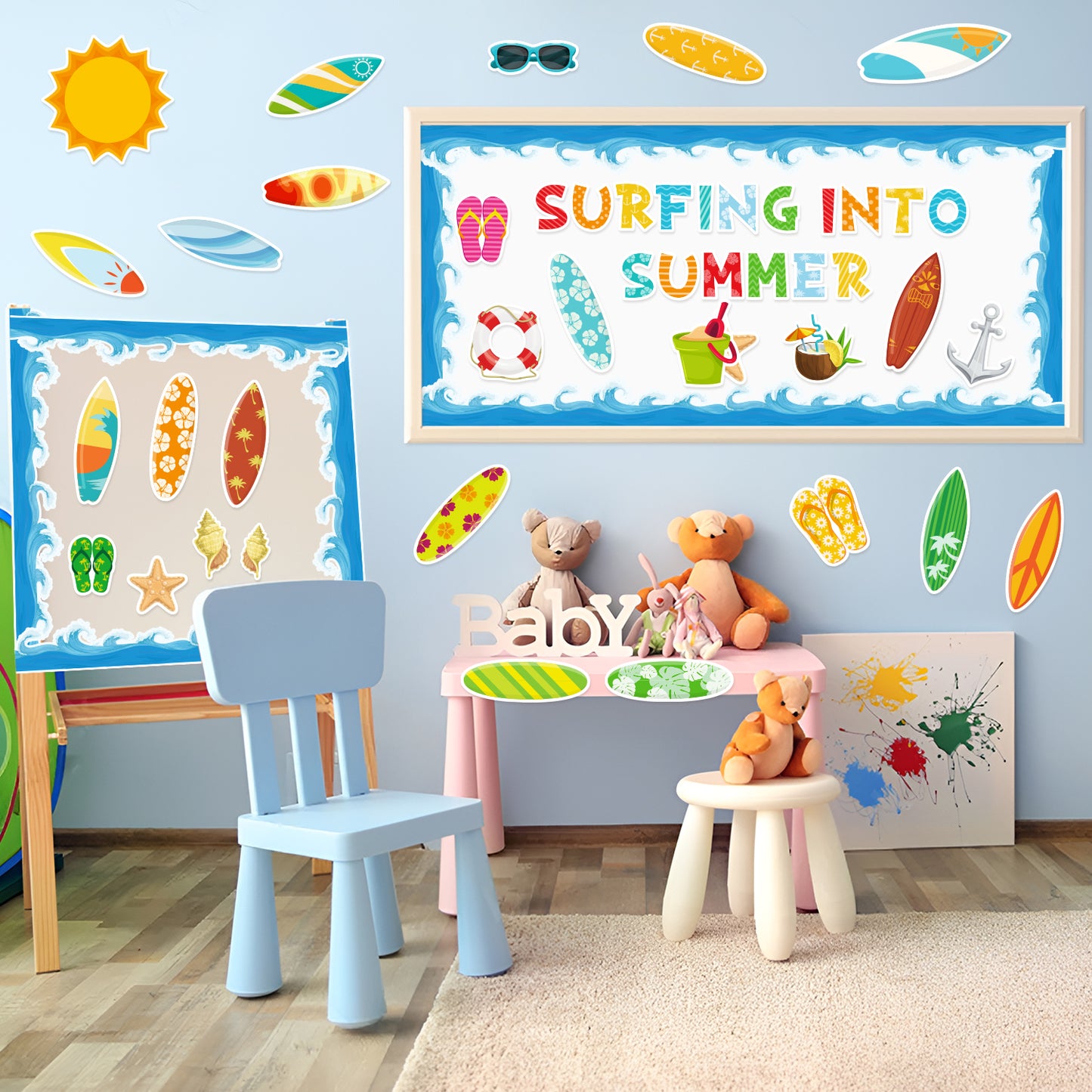 110Pcs Summer Surfboard Surfing Bulletin Board Cutouts Border Set Surfing Into Summer Classroom Decoration Summer Hawaiian Ocean Beach Accents Cutouts for School Teacher Supplies Summer Party Favors