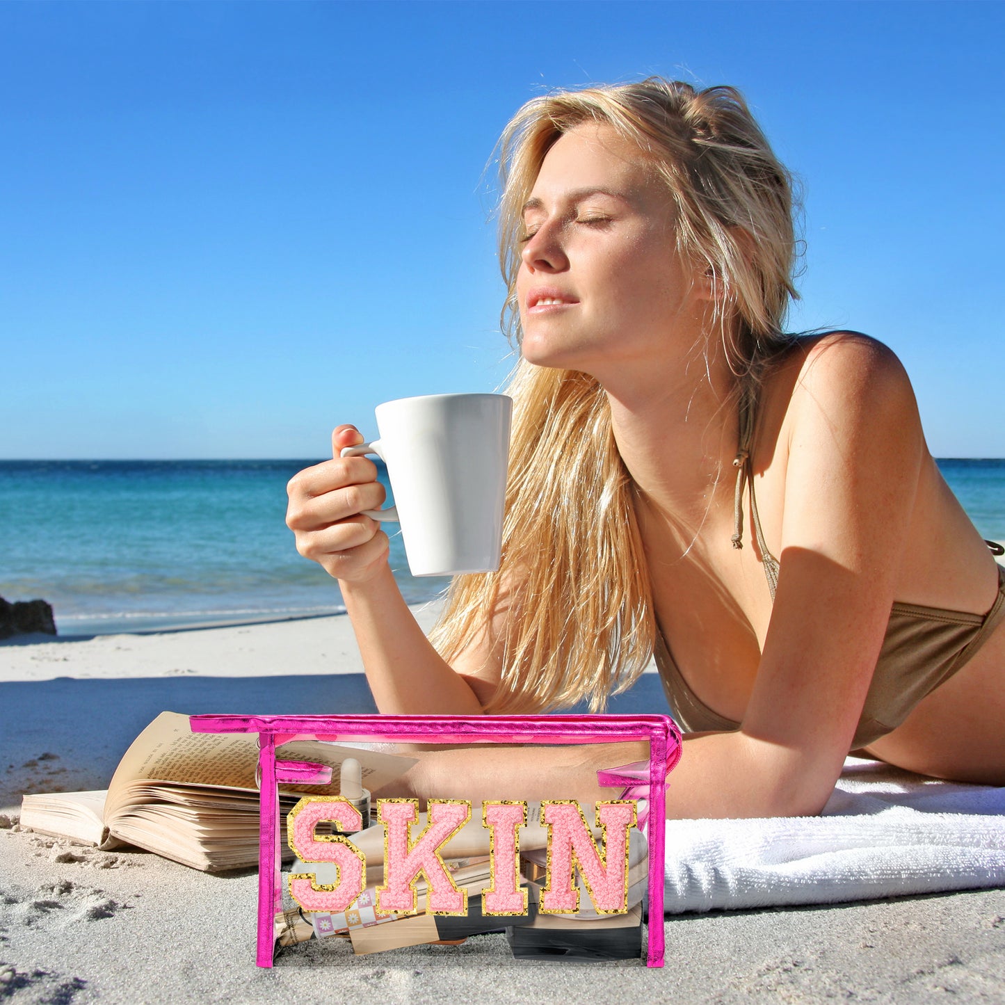 AsodSway Pink SKIN Cosmetic Bag - Varsity Patch SKIN Letter Spring Cosmetic Bag Waterproof Portable Transparent Rose Red Frame PVC Zipper Clutch Bag Summer Travel Party Makeup Bag for Women Girls