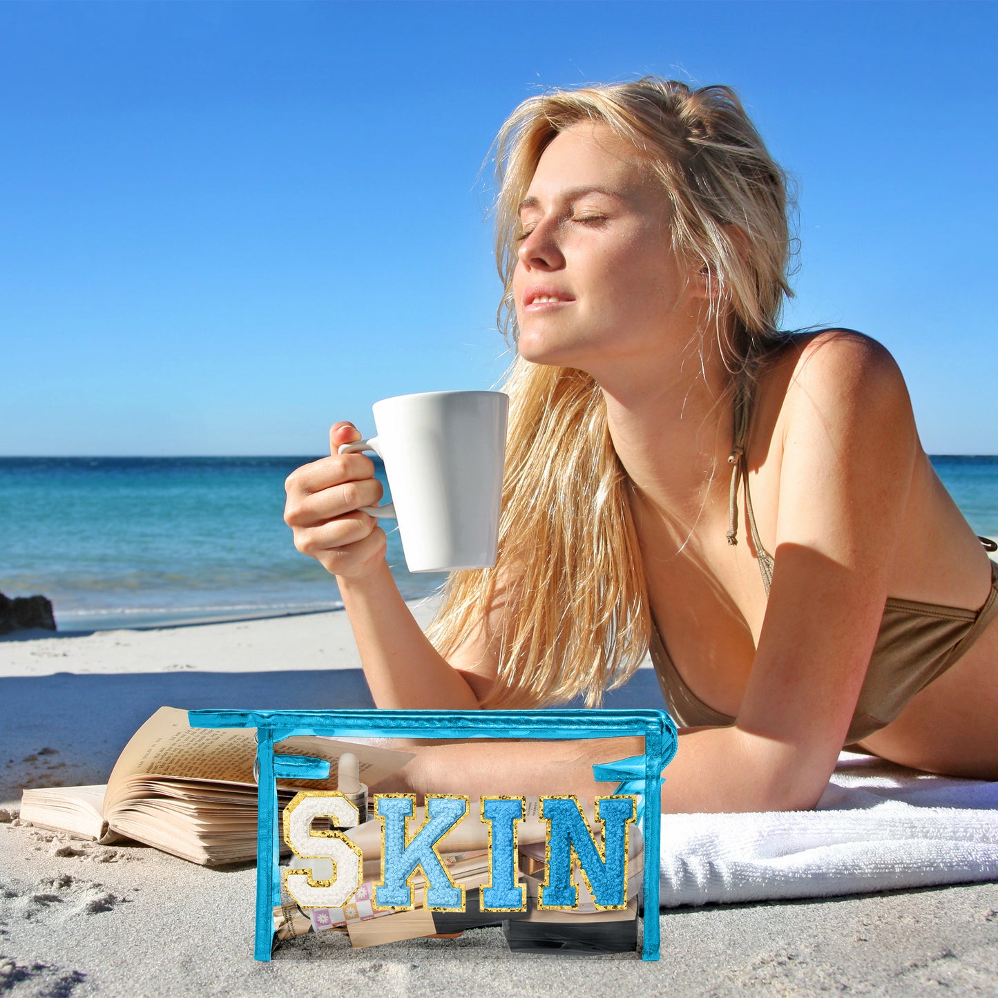 AsodSway Gradual Blue SKIN Cosmetic Bag - Varsity Patch SKIN Letter Cosmetic Bag Classy Waterproof Portable Transparent Azure Frame PVC Zipper Clutch Bag Travel Summer Party Makeup Bag for Women Girls