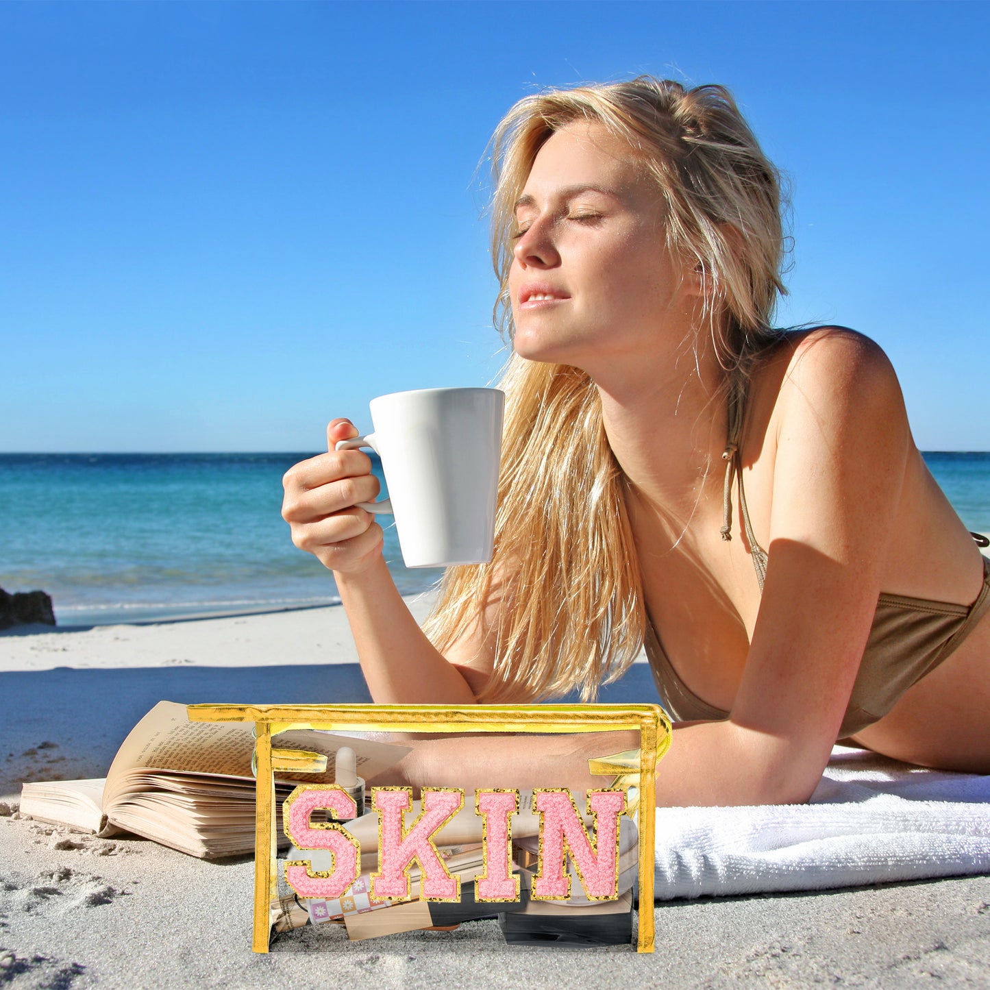 AsodSway Pink SKIN Cosmetic Bag - Varsity Patch SKIN Letter Spring Cosmetic Bag Classy Waterproof Portable Transparent Gold Frame PVC Zipper Clutch Bag Summer Travel Party Makeup Bag for Women Girls