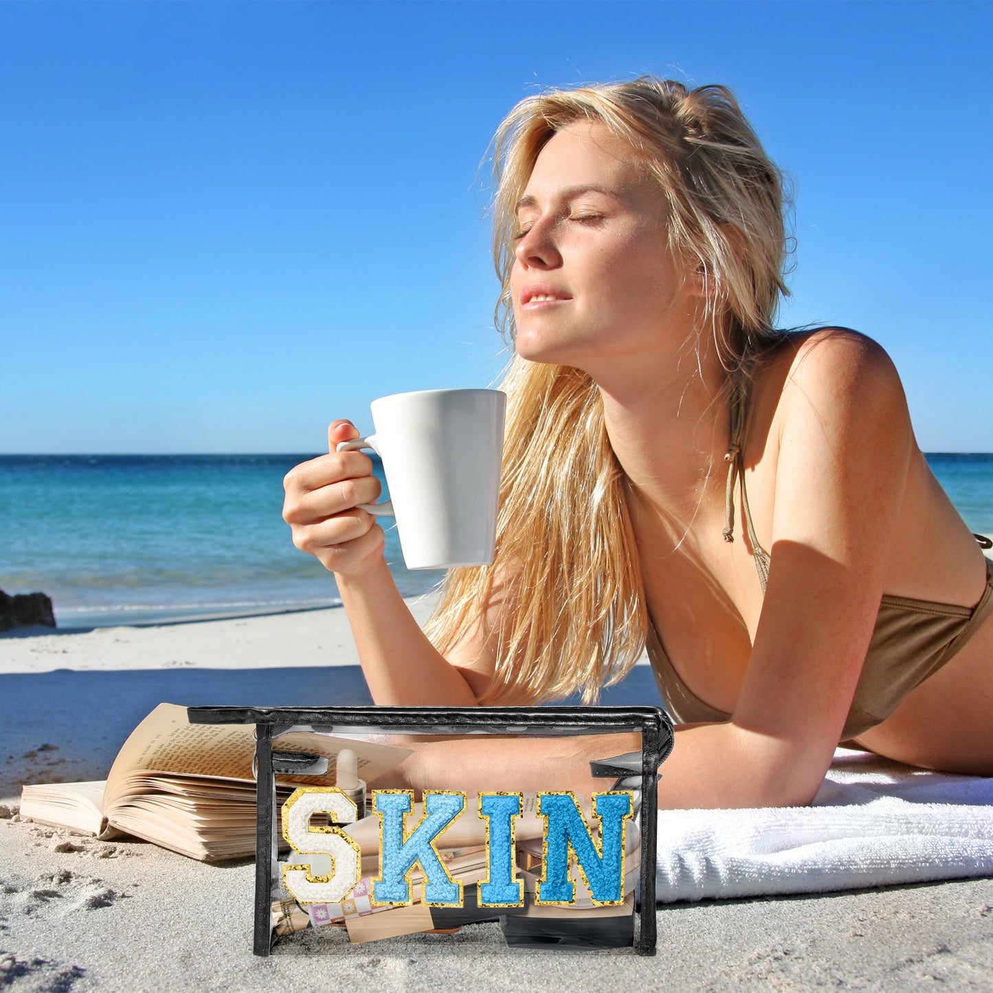 AsodSway Gradual Blue SKIN Cosmetic Bag - Varsity Patch SKIN Letter Cosmetic Bag Classy Waterproof Portable Transparent Black Frame PVC Zipper Clutch Bag Travel Summer Party Makeup Bag for Women Girls