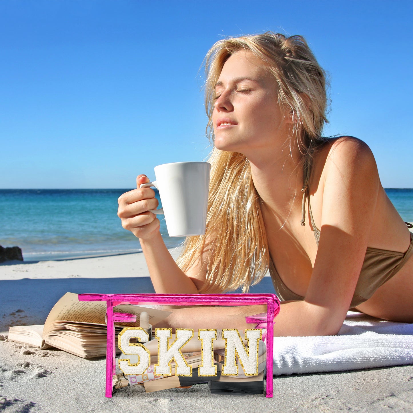 AsodSway White SKIN Cosmetic Bag - Varsity Patch SKIN Letter Spring Cosmetic Bag Waterproof Portable Transparent Rose Red Frame PVC Zipper Clutch Bag Summer Travel Party Makeup Bag for Women Girls