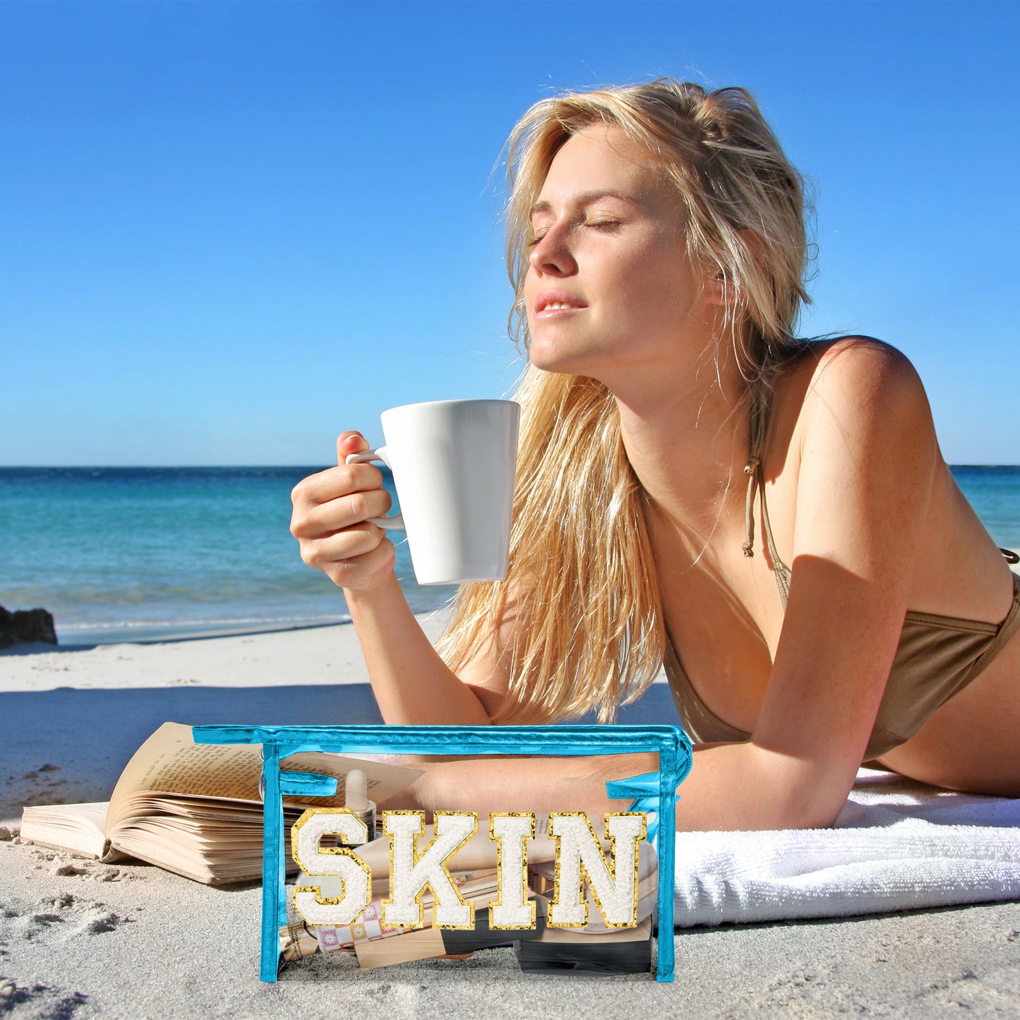 AsodSway White SKIN Cosmetic Bag - Varsity Patch SKIN Letter Spring Cosmetic Bag Classy Waterproof Portable Transparent Azure Frame PVC Zipper Clutch Bag Summer Travel Party Makeup Bag for Women Girls