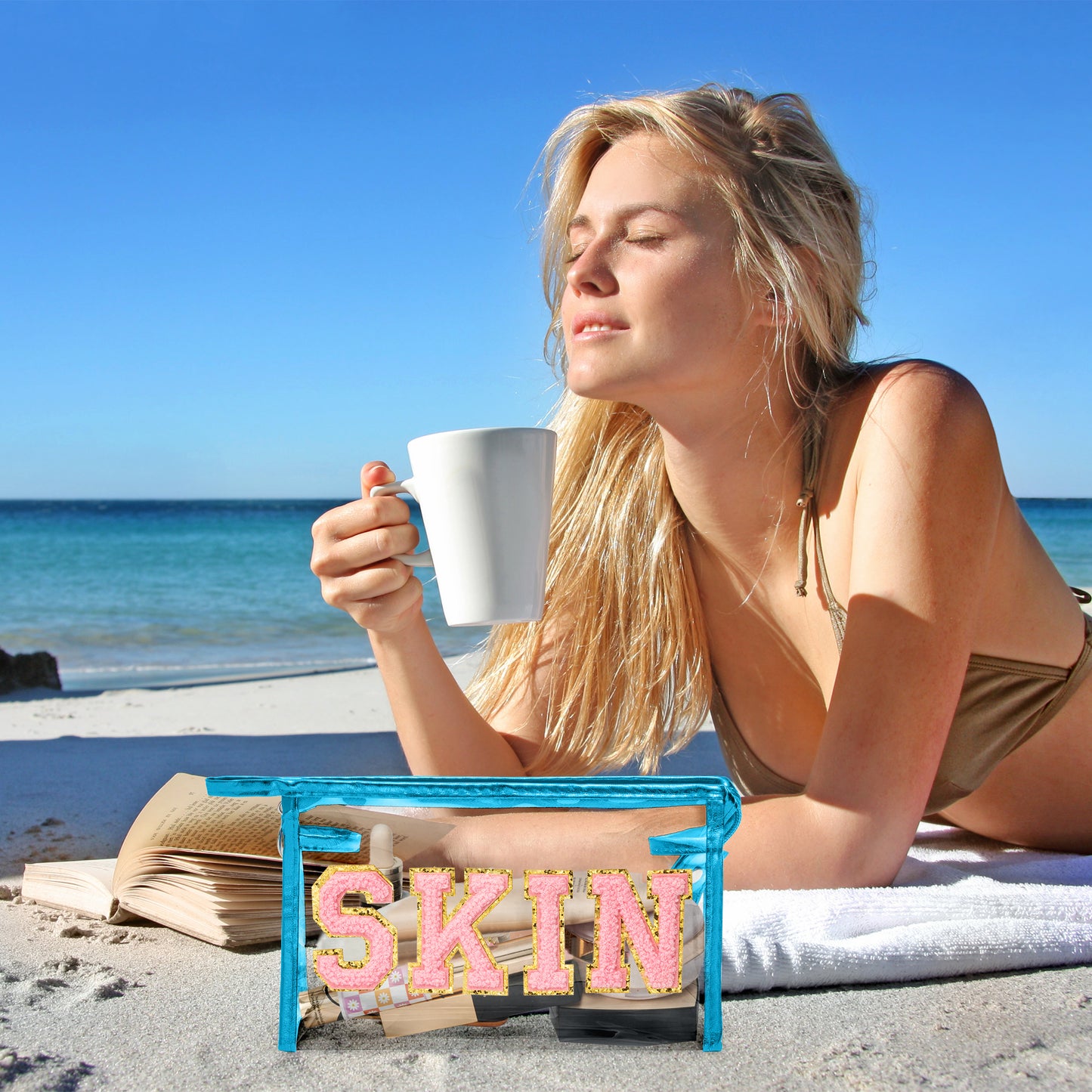 AsodSway Pink SKIN Cosmetic Bag - Varsity Patch SKIN Letter Spring Cosmetic Bag Classy Waterproof Portable Transparent Azure Frame PVC Zipper Clutch Bag Summer Travel Party Makeup Bag for Women Girls