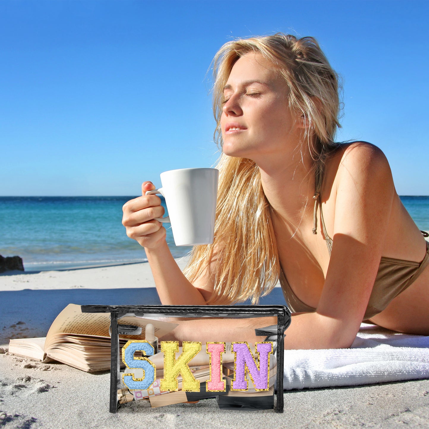 AsodSway Pastel Color SKIN Cosmetic Bag - Varsity Patch SKIN Letter Cosmetic Bag Classy Waterproof Portable Transparent Black Frame PVC Zipper Clutch Bag Travel Summer Party Makeup Bag for Women Girls