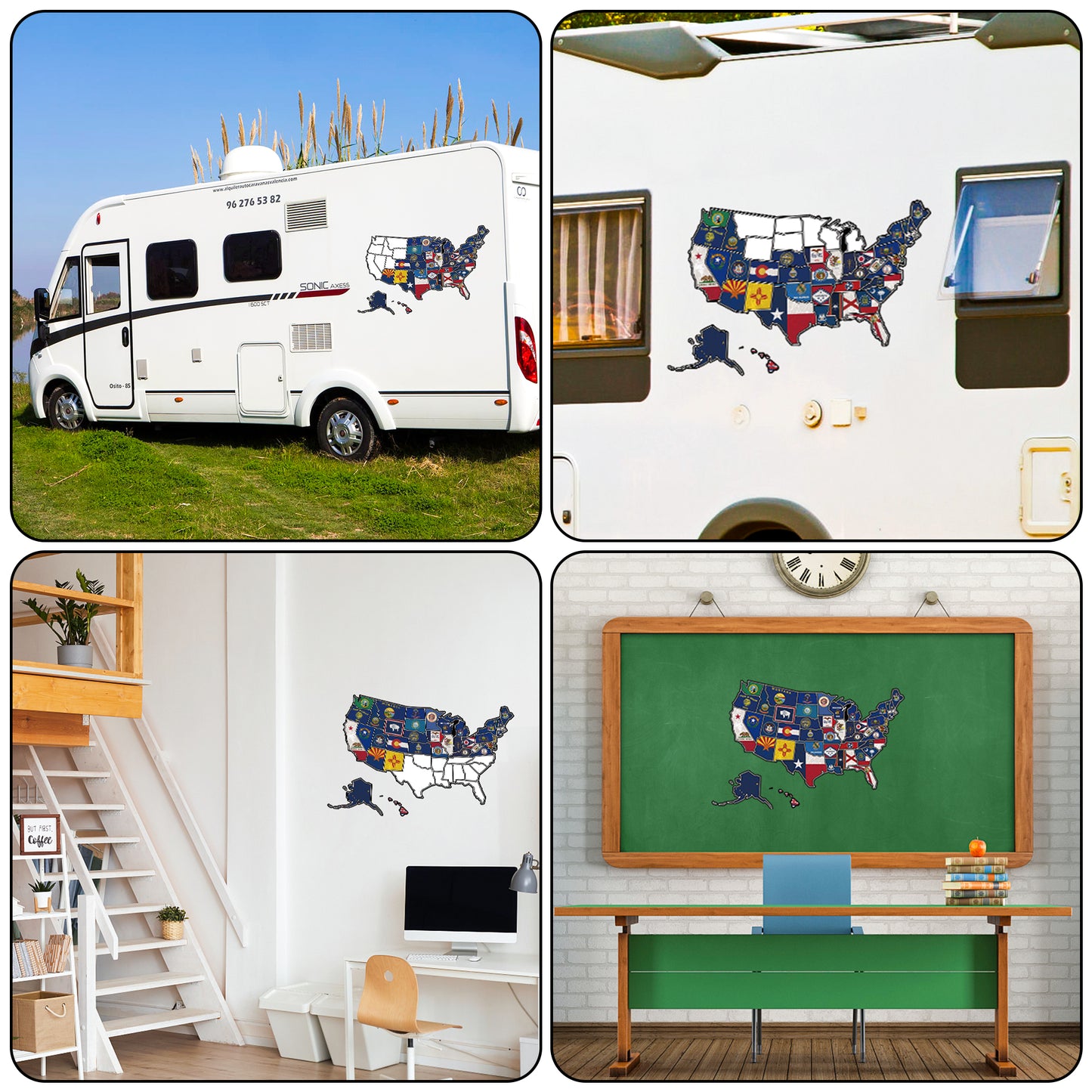 3Pcs RV State Flags Travel USA Map Sticker, United States Flags Stickers Vinyl Map RV Decals Travel Trailer Camper Map of America Waterproof Decals for Window, Door or Wall, States Flags Map Decal Trip Camper Trailer Accessories