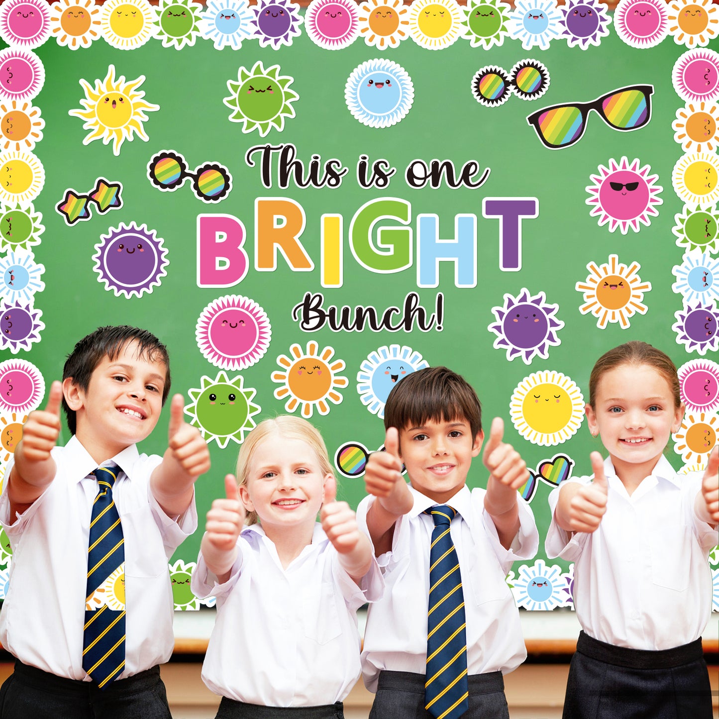 119Pcs Sun Sunglasses Motivational Bulletin Board Back to School Decoration Cutouts With This is One Bright Bunch Characters and sun pattern to Inspire Child Study Hard in Classroom Home Party Decor