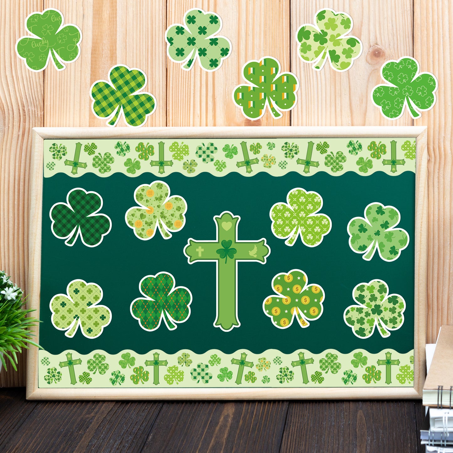 114Pcs Religious Sunday School ST.Patrick It's No Sham Jesus is Our Rock Bulletin Board Decoration Set Contain Three Leaf Clovers Crosses Border Religions Character Happy Party Classroom Decoration