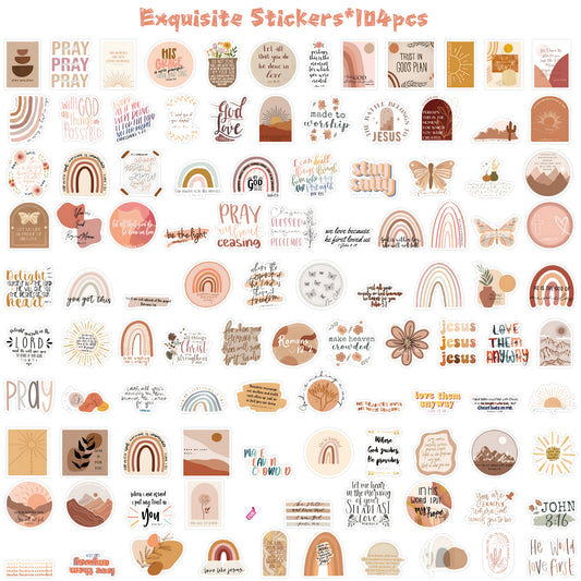 104Pcs Boho Bible Verse Vinyl Stickers Set, Christian Aesthetic Cute Vinyl Waterproof Stickers for Water Bottles Laptop Phone Suitcase Refrigerator Guitar Decals, Birthday Gift DIY Crafts for Kids