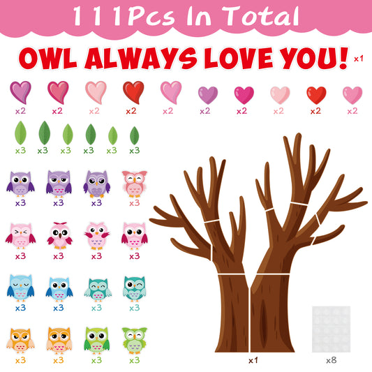 111Pcs Valentine's Day Classroom Tree Heart Owls Bulletin Board Cut 0ut Classroom Decoration, Colorful Owls Name Tags Tree Leaves Heart Bulletin Board for Teacher Student Back to School Party Supplies
