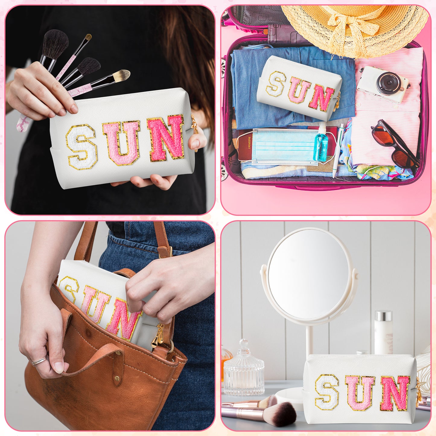 Preppy Patch Sunscream Varsity Letter Cosmetic Toiletry Bag Small White PU Leather Zipper Makeup Bag Portable Waterproof Travel Toiletry Organizer Daily Use Storage for Women Girls (White)