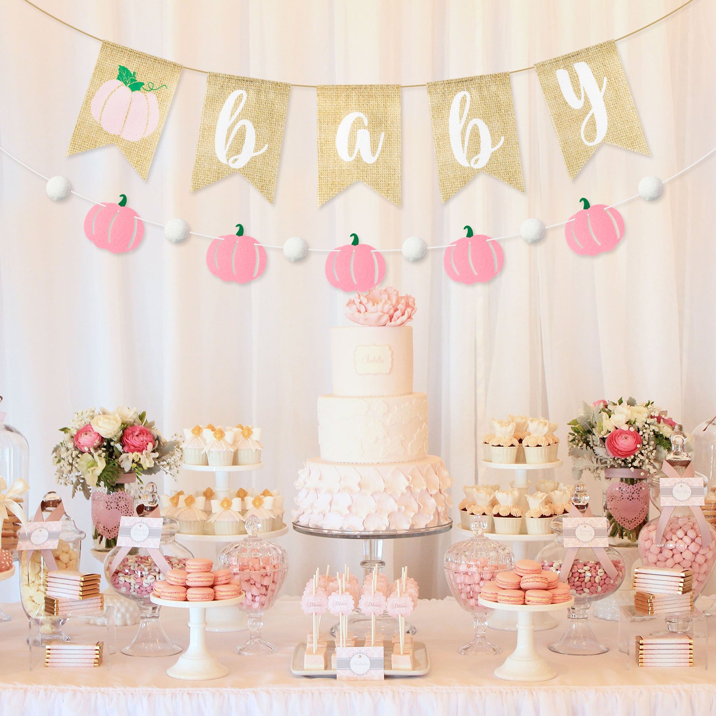 2Pcs Pink Pumpkin Baby Banner Fall Baby Shower Burlap Garland Rustic Season Little Pumpkin Banner Pull Flag Fall Baby Shower Birthday theme Party Wall Decor