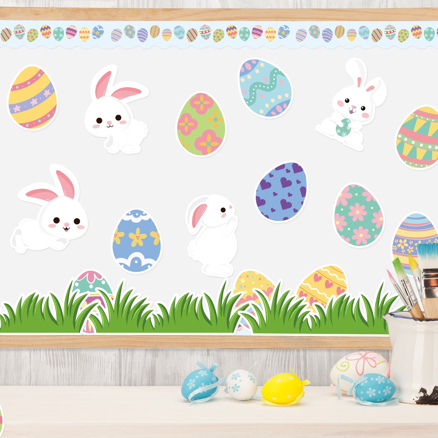 139Pcs Easter Bunny Spring Egg Bulletin Board Decoration Cutouts Set Contain Easter Egg, Bunny, Grass, Border, Cut-Outs with We are Egg Cited About Spring Character Happy Easter and Spring Season Visit the AsodSway Store
