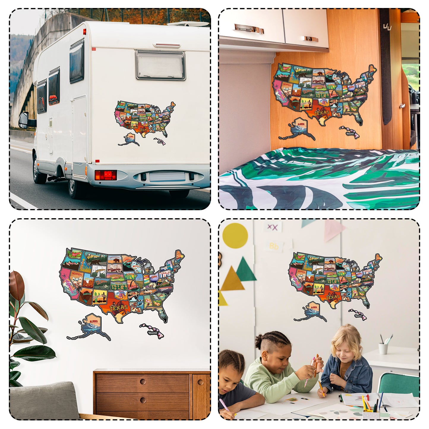 RV State Travel USA Map Sticker, United States Stickers Vinyl Map RV Decals Travel Trailer Camper Map of America Waterproof Decals for Window, Door or Wall, United States Map Decal with State Stickers Trip Camper Trailer Accessories