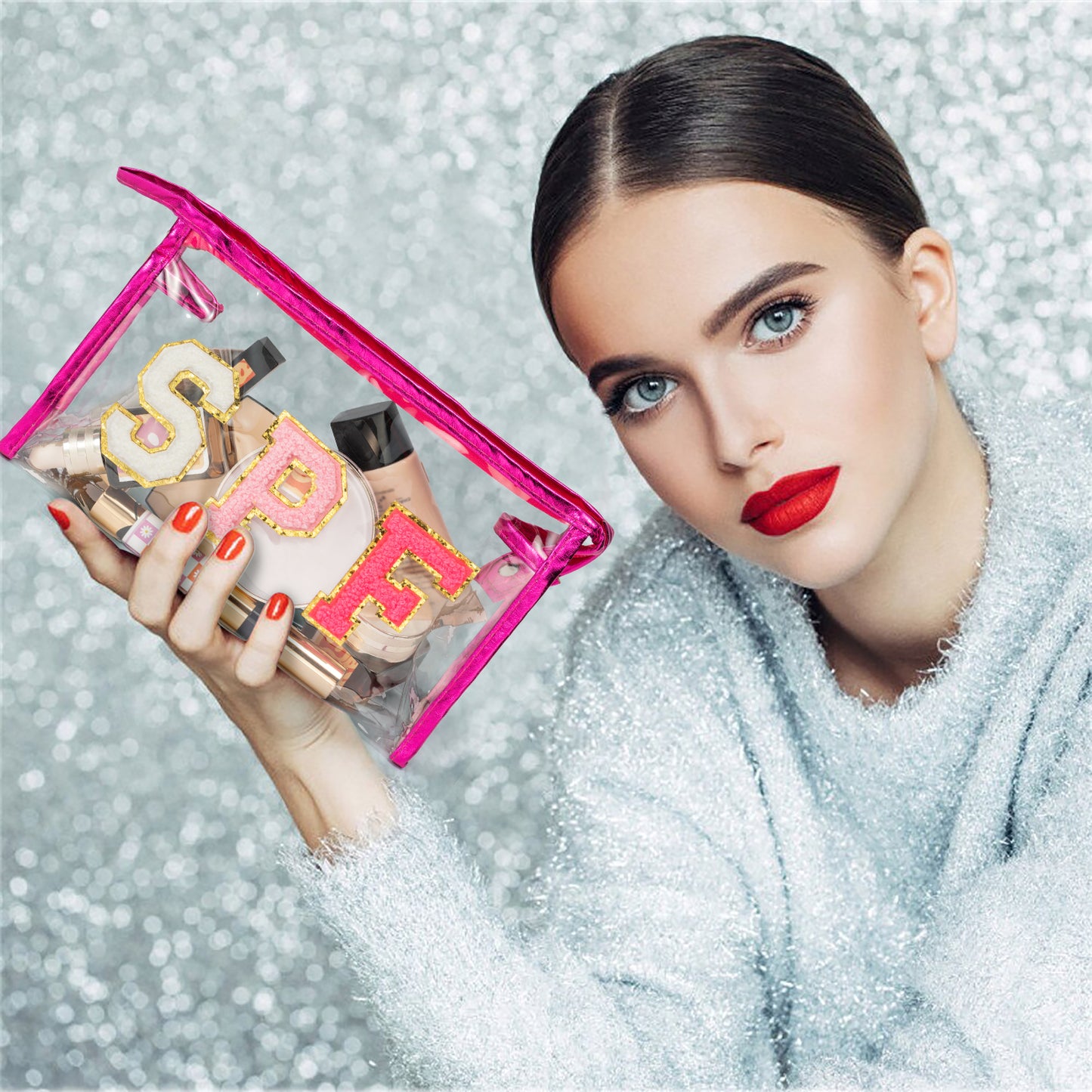 Preppy Patch SPF Varsity Letter Cosmetic Toiletry Bag Aesthetic Waterproof Portable Cosmetic Bag Transparent PVC Zipper Bag Daily Use Clutch Purse Travel Party Makeup Bag for Women Girls (Rose Red)