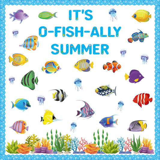 151Pcs Summer Fish Ocean Bulletin Board Cutouts Border Set, Fish All Summer Classroom Decoration Ocean Sea Fish Coral Seaweed Jellyfish Cutouts for School Teacher Student Chalkboard Wall Decor