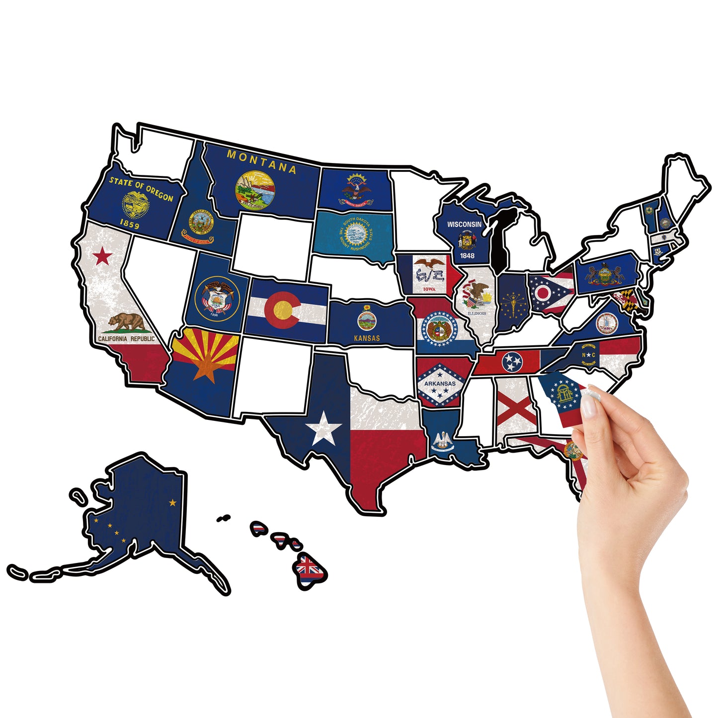 3Pcs RV State Flags Travel USA Map Sticker, United States Flags Stickers Vinyl Map RV Decals Travel Trailer Camper Map of America Waterproof Decals for Window, Door or Wall, States Flags Map Decal Trip Camper Trailer Accessories