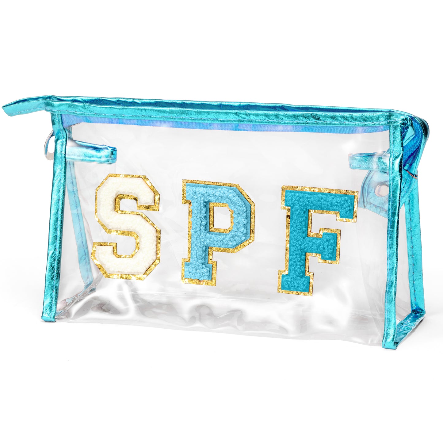 Preppy Patch Azure SPF Varsity Letter Cosmetic Bag Aesthetic Waterproof Portable Cosmetic Bag Transparent PVC Zipper Bag Daily Use Clutch Purse Travel Party Makeup Bag for Women Girls (Sky Blue)