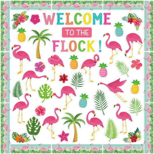 144Pcs Summer Flamingo Hawaiian Bulletin Board Decoration Cutouts, Welcome to The Flock Summer Themed Tropical Colorful Accents for Teacher Student Back to School Classroom Bulletin Board Wall Decor