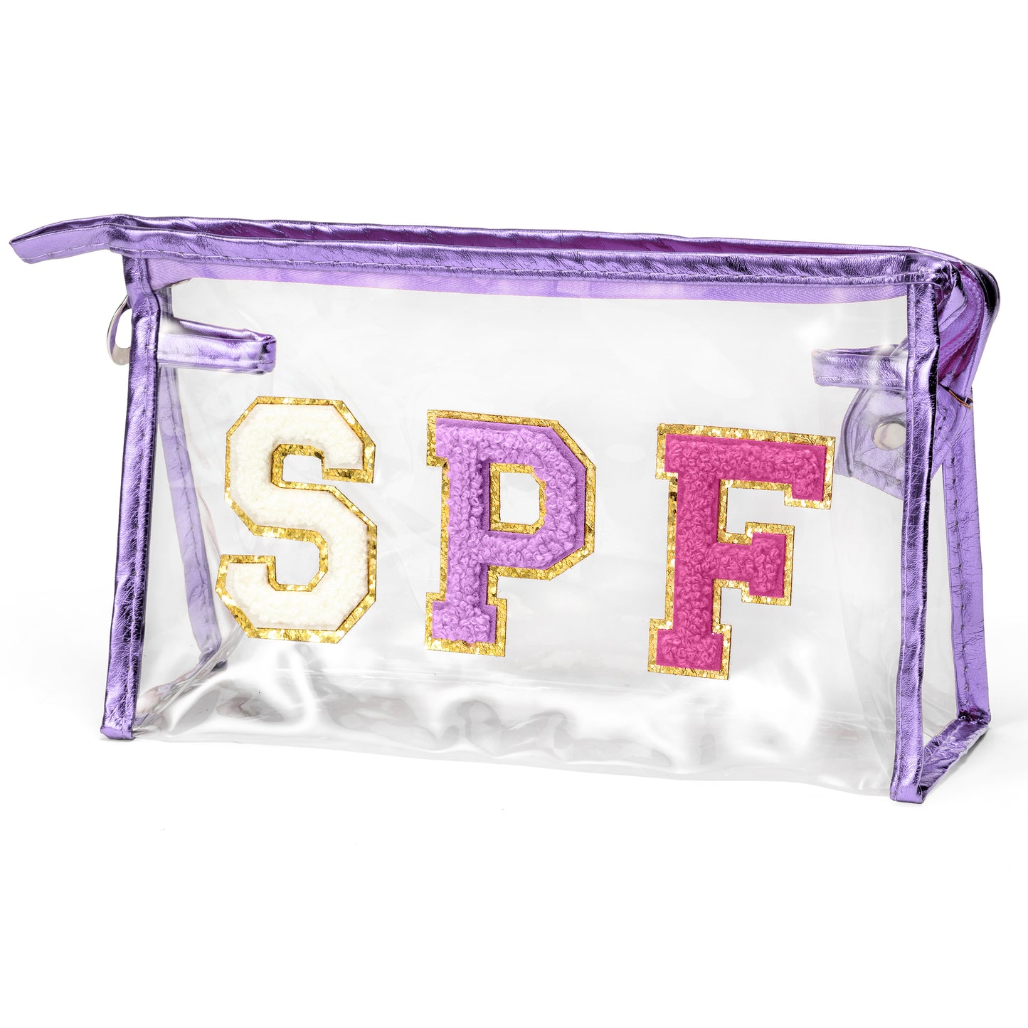 Preppy Patch SPF Cosmetic Bag SPF Varsity Letter Purple Toiletry Bag Summer Beach Pool Aesthetic Waterproof Portable Cosmetic Bag Travel Party Makeup Bag for Women Girls, Mother's Day Birthday Gifts
