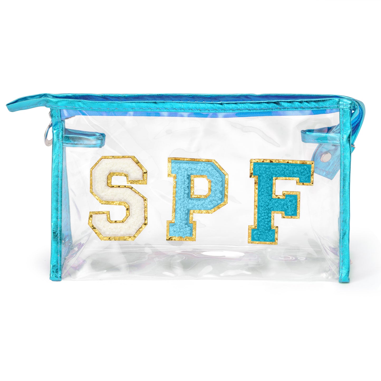 Preppy Patch Azure SPF Varsity Letter Cosmetic Bag Aesthetic Waterproof Portable Cosmetic Bag Transparent PVC Zipper Bag Daily Use Clutch Purse Travel Party Makeup Bag for Women Girls (Sky Blue)