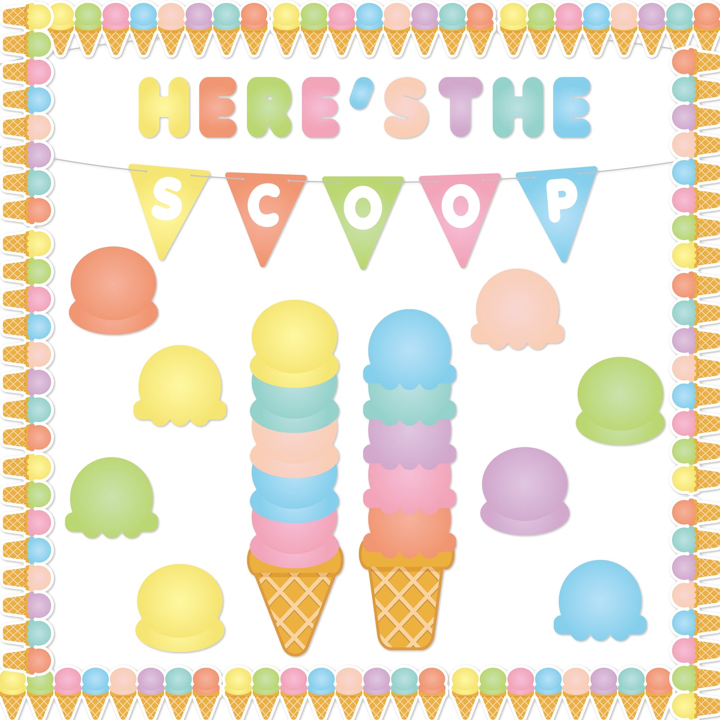 144Pcs Summer Ice Cream Bulletin Board Decoration Cutouts Border Set Contain Ice Cream Top and Cone, Border, Flag with Characters About Happy Summer Holiday Party and Classroom Decoration