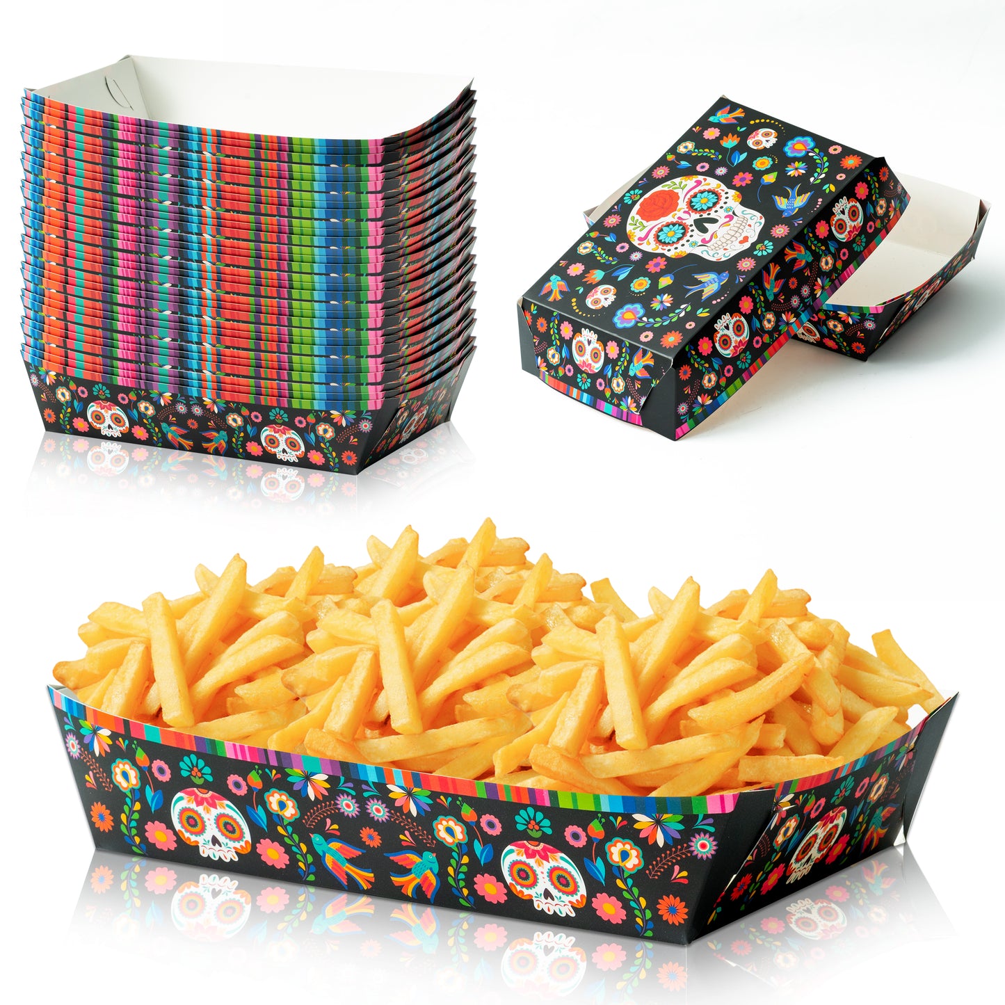 50Pcs Halloween Day of The Dead Food Trays Colorful Skull Element Paper Serving Food Trays Halloween Snack Candy Holder Trays Disposable Popcorn Assembled Trays Food Container Concession Stands