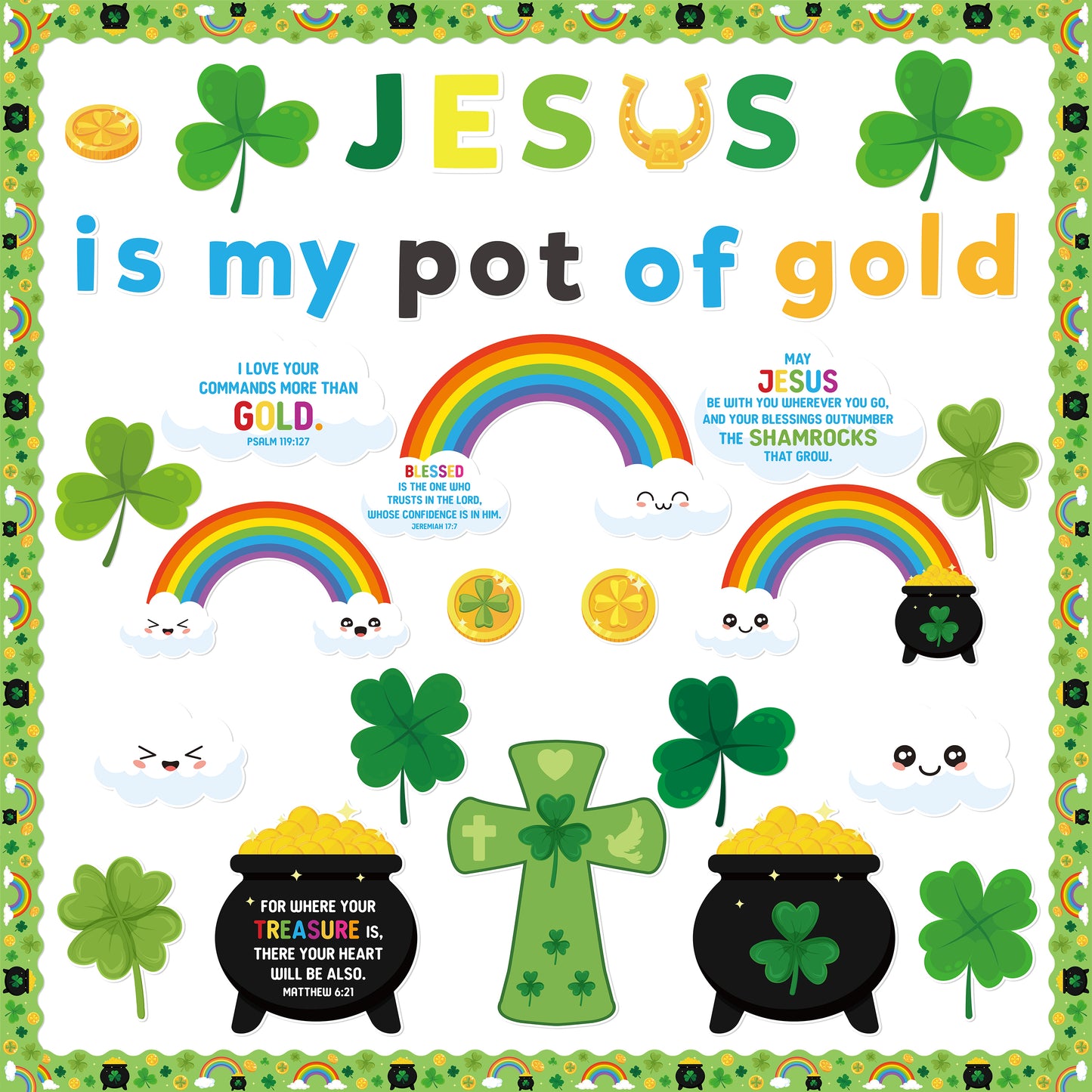123Pcs Religious Sunday School ST.Patrick Jesus is My Pot of God Shamrock Rainbow Bulletin Board Decoration Set Contain Leaf Clovers Rainbow Border Religions Character Happy Party Classroom Decoration