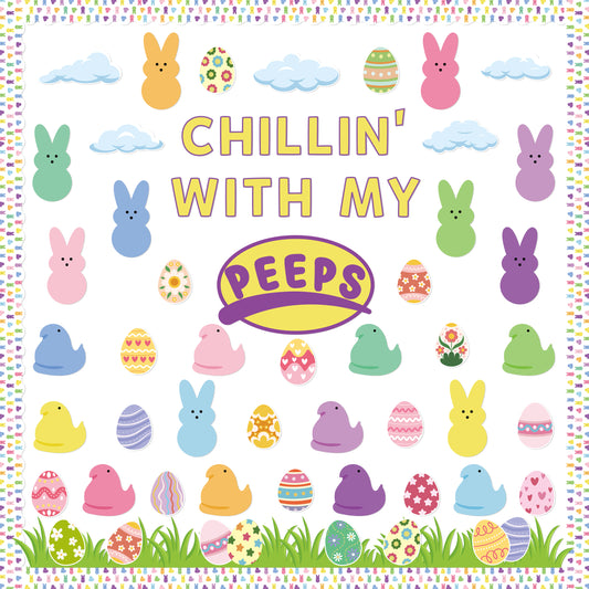 146Pcs Easter Peeps Chick Bunny Colorful Bulletin Board Classroom Decoration Cutouts Sets Contain Peeps Chick Bunny Border with chick egg and Easter Character Happy Easter Party Classroom Decoration