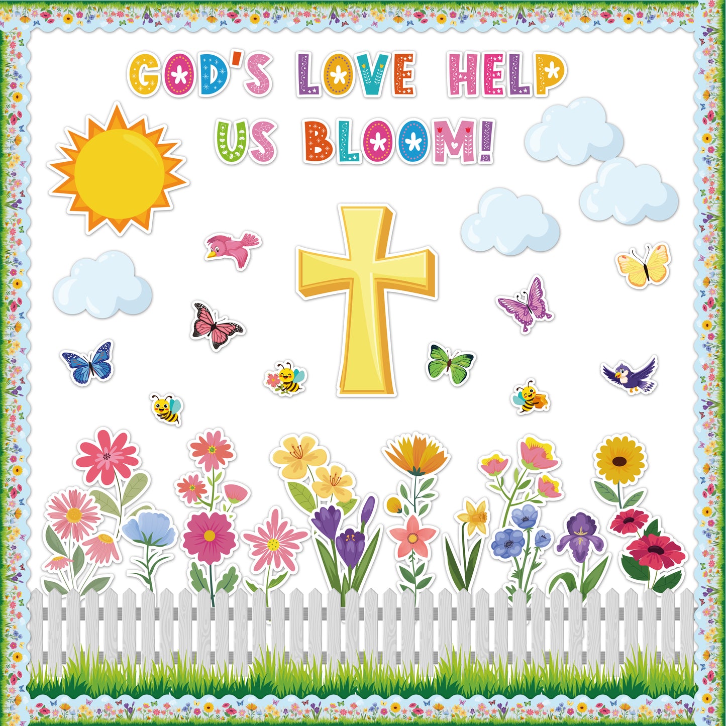 AsodSway 117Pcs Spring God's Love Help Us Bloom Easter Bulletin Board Classroom Decor Set Contain Easter Flower Cross Grass Border Cut Outs and with Easter Character Happy Party and Spring Season