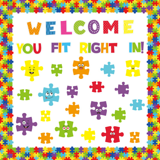 123Pcs Welcome Puzzle Pieces Bulletin Board Back to School Decoration Cutouts Set With Welcome You Fit Right In Characters and Puzzle Pattern to Inspire Student hands on skills in Classroom Or Home Decoration