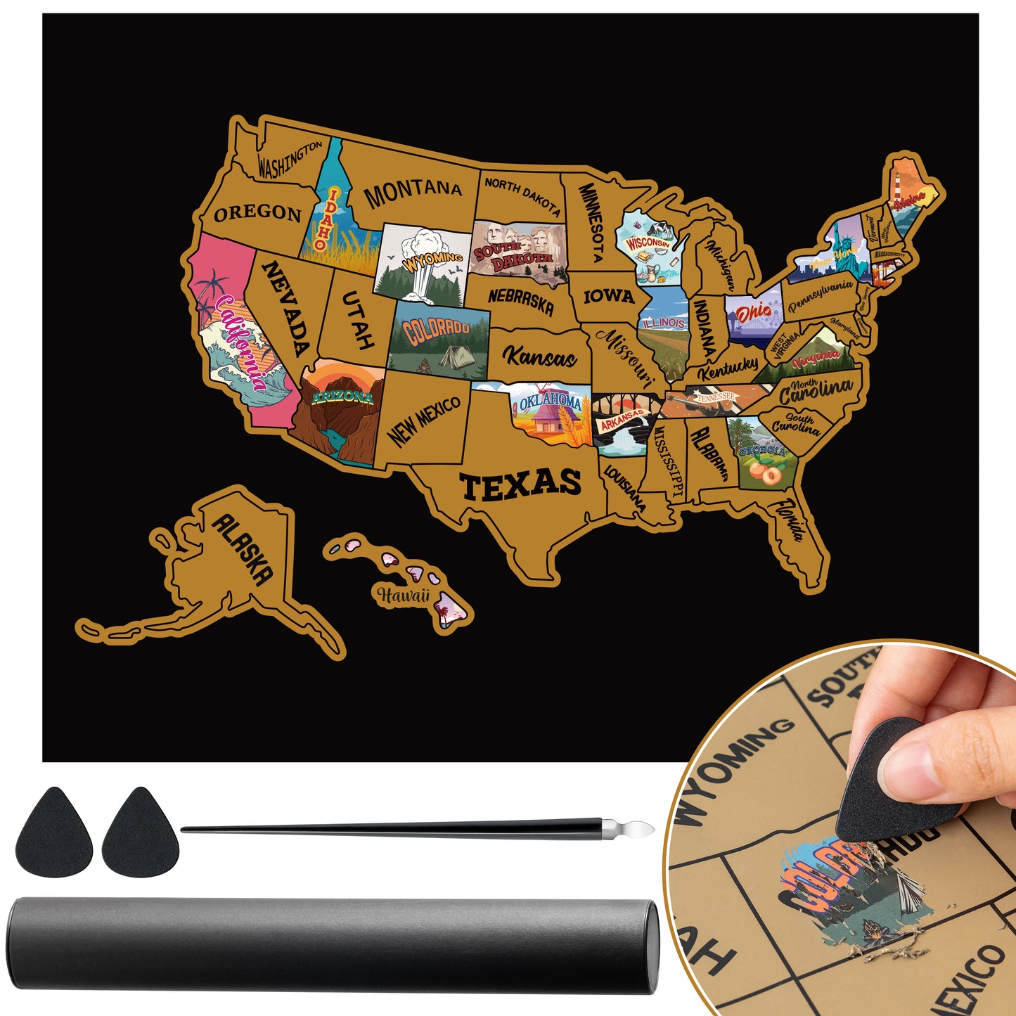 Scratch Off Map Of United States, USA State Scratch Sticker Travel RV Map Wall Poster Birthday DIY Gifts For Kids Adults, Travelers RV Adventure Journal, 19.6 x 15.7 Inches USA Scratch Off Map & Tools