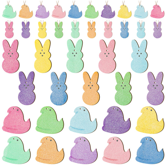 AsodSway 41Pcs Easter Colorful Glitter Bunny Rabbit Chick Wood Hanging Ornament Decorations, Easter Party Tree Home Door Ornament with String Happy Easter Decor Tropical Painted Themed Party Supplies