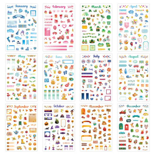24 Sheets Daily Planners Sticker Holiday Seasonal Planner Sticker, 12 Months Celebrations Planner Cute Stickers for Holiday Seasonal Calendar Planning Decorating Scrapbooking Journal Diary Notepad