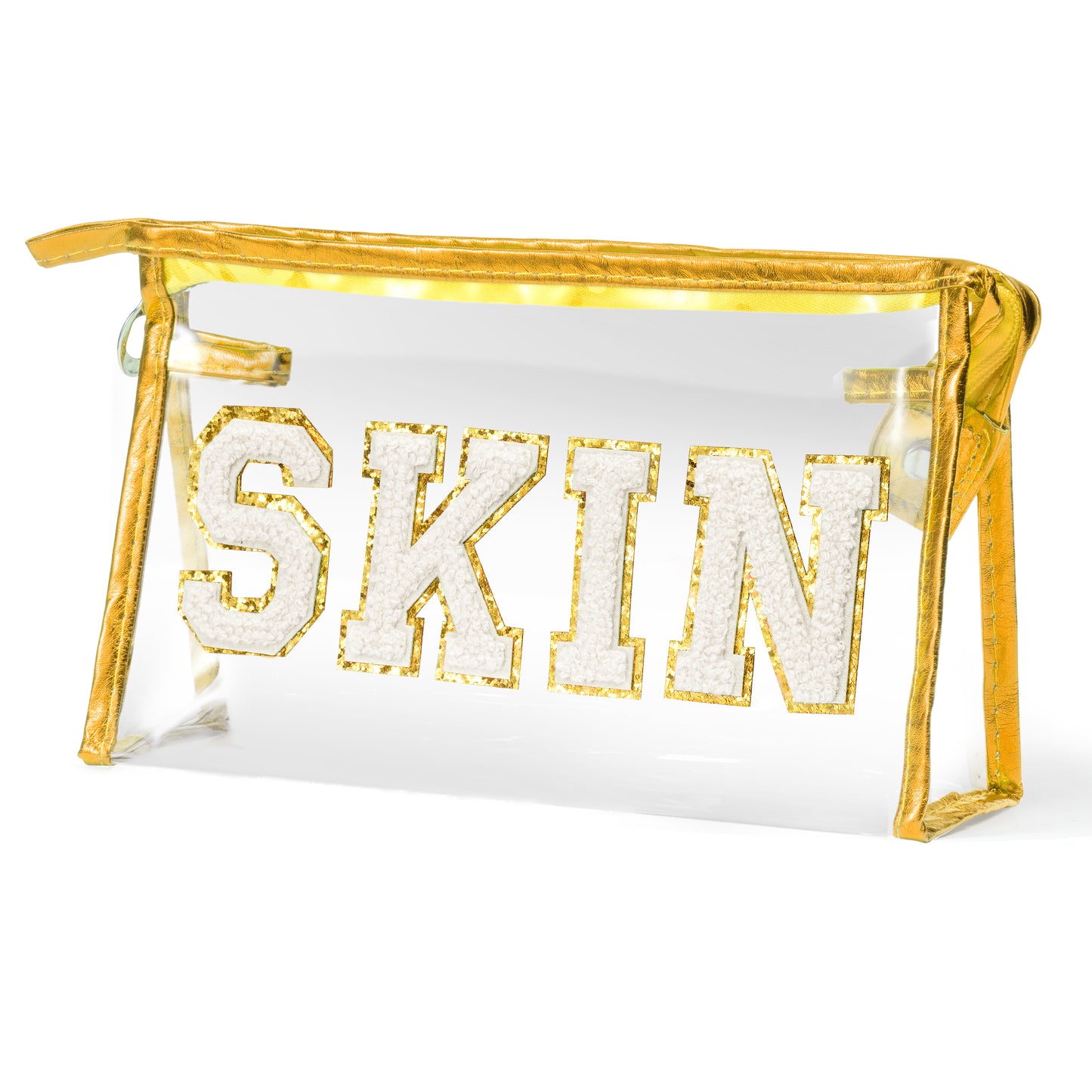 AsodSway White SKIN Cosmetic Bag - Varsity Patch SKIN Letter Spring Cosmetic Bag Classy Waterproof Portable Transparent Gold Frame PVC Zipper Clutch Bag Summer Travel Party Makeup Bag for Women Girls