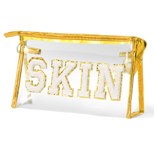 AsodSway White SKIN Cosmetic Bag - Varsity Patch SKIN Letter Spring Cosmetic Bag Classy Waterproof Portable Transparent Gold Frame PVC Zipper Clutch Bag Summer Travel Party Makeup Bag for Women Girls