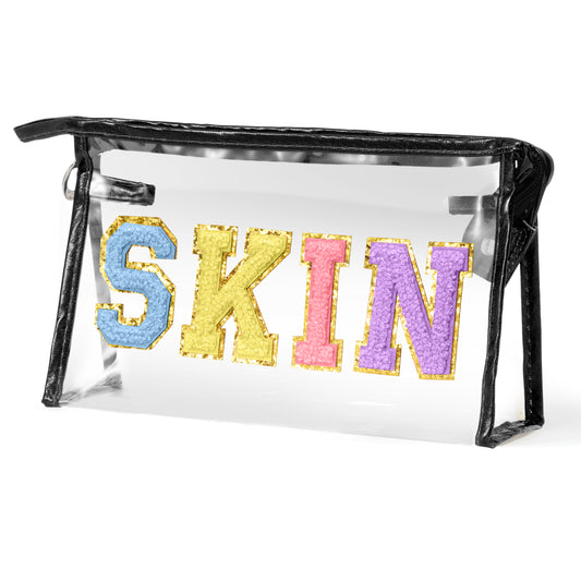 AsodSway Pastel Color SKIN Cosmetic Bag - Varsity Patch SKIN Letter Cosmetic Bag Classy Waterproof Portable Transparent Black Frame PVC Zipper Clutch Bag Travel Summer Party Makeup Bag for Women Girls