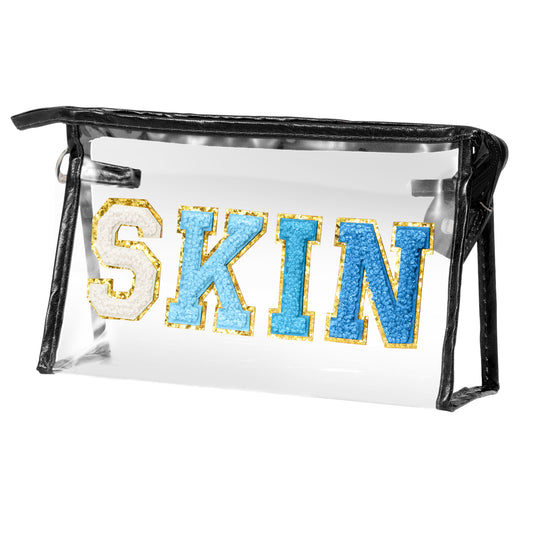 AsodSway Gradual Blue SKIN Cosmetic Bag - Varsity Patch SKIN Letter Cosmetic Bag Classy Waterproof Portable Transparent Black Frame PVC Zipper Clutch Bag Travel Summer Party Makeup Bag for Women Girls
