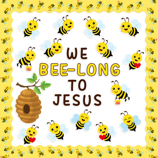 106Pcs Bee Jesus Religious Bulletin Board Cutouts Back to School Bee Honeycomb Christian Theme Name Tags Labels Classroom Decoration Cut Outs Trim Borders for Teacher Student Back to School Supplies