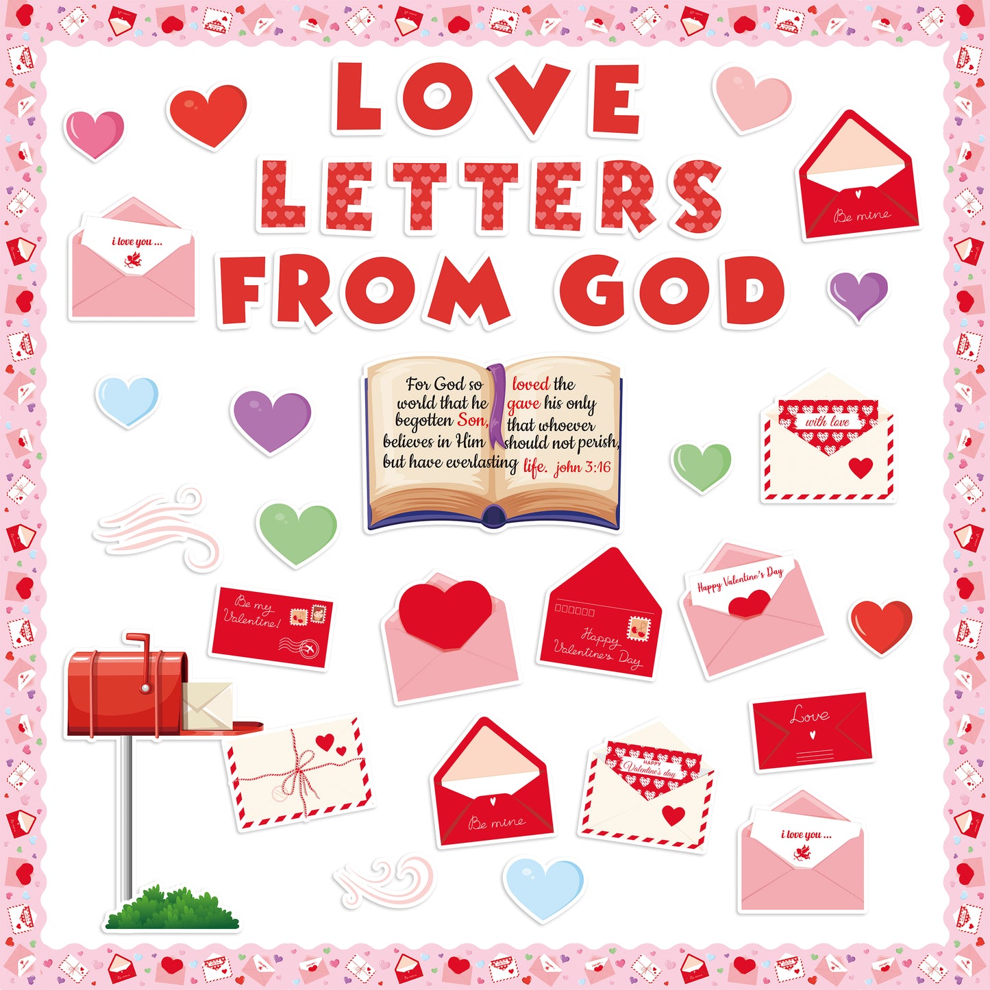 119Pcs Valentine's Day Love Letters From God Bulletin Board Classroom Decoration Sets Contain Envelope Mailbox Heart Border About Valentine Character Happy Coming Valentine Party Classroom Decoration