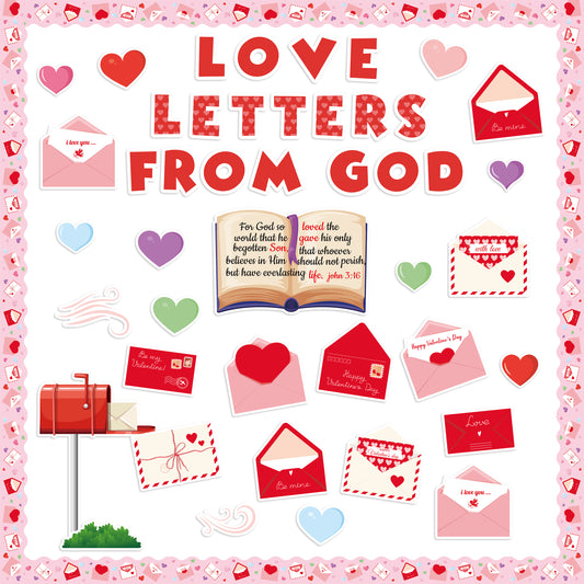 119Pcs Valentine's Day Love Letters From God Bulletin Board Classroom Decoration Sets Contain Envelope Mailbox Heart Border About Valentine Character Happy Coming Valentine Party Classroom Decoration