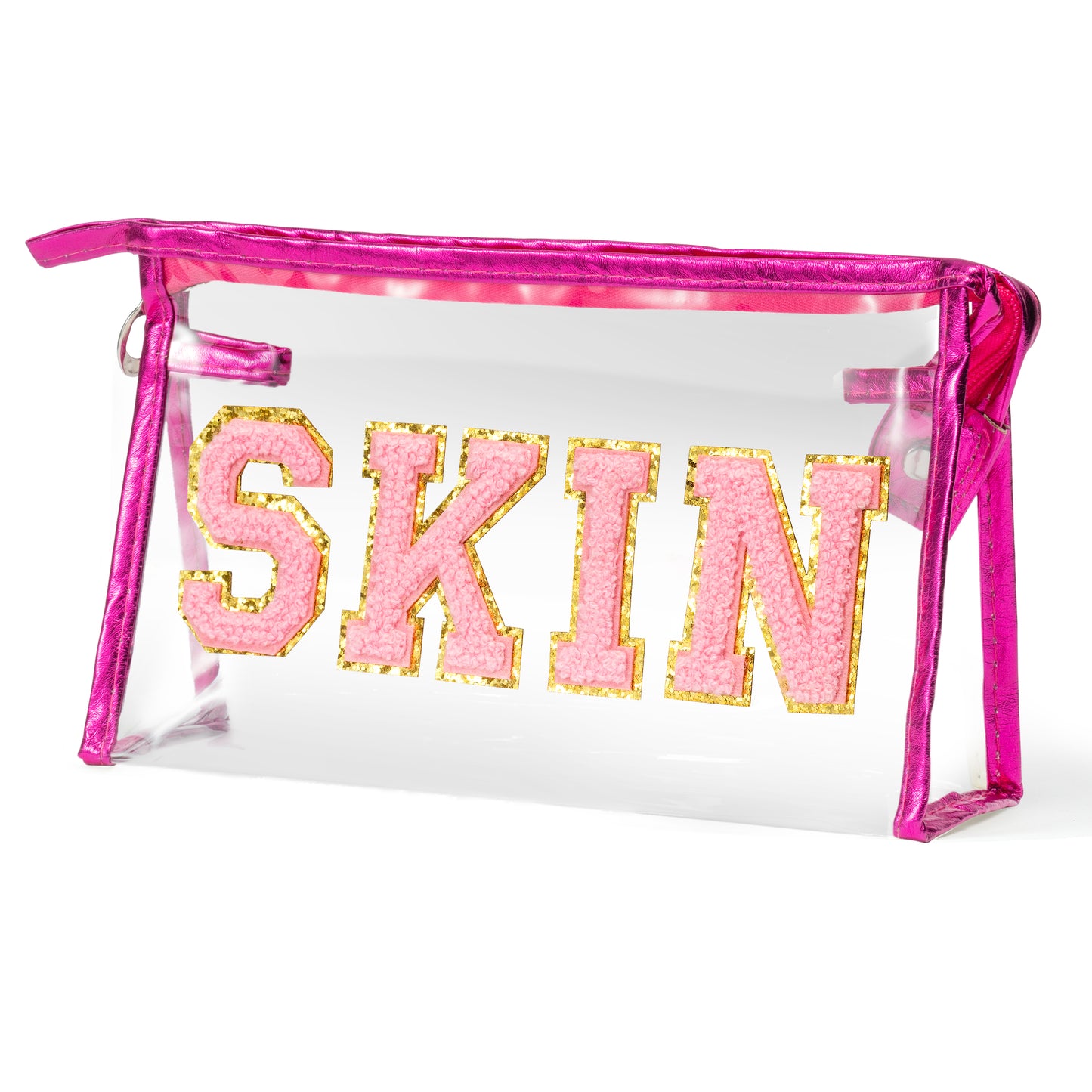 AsodSway Pink SKIN Cosmetic Bag - Varsity Patch SKIN Letter Spring Cosmetic Bag Waterproof Portable Transparent Rose Red Frame PVC Zipper Clutch Bag Summer Travel Party Makeup Bag for Women Girls