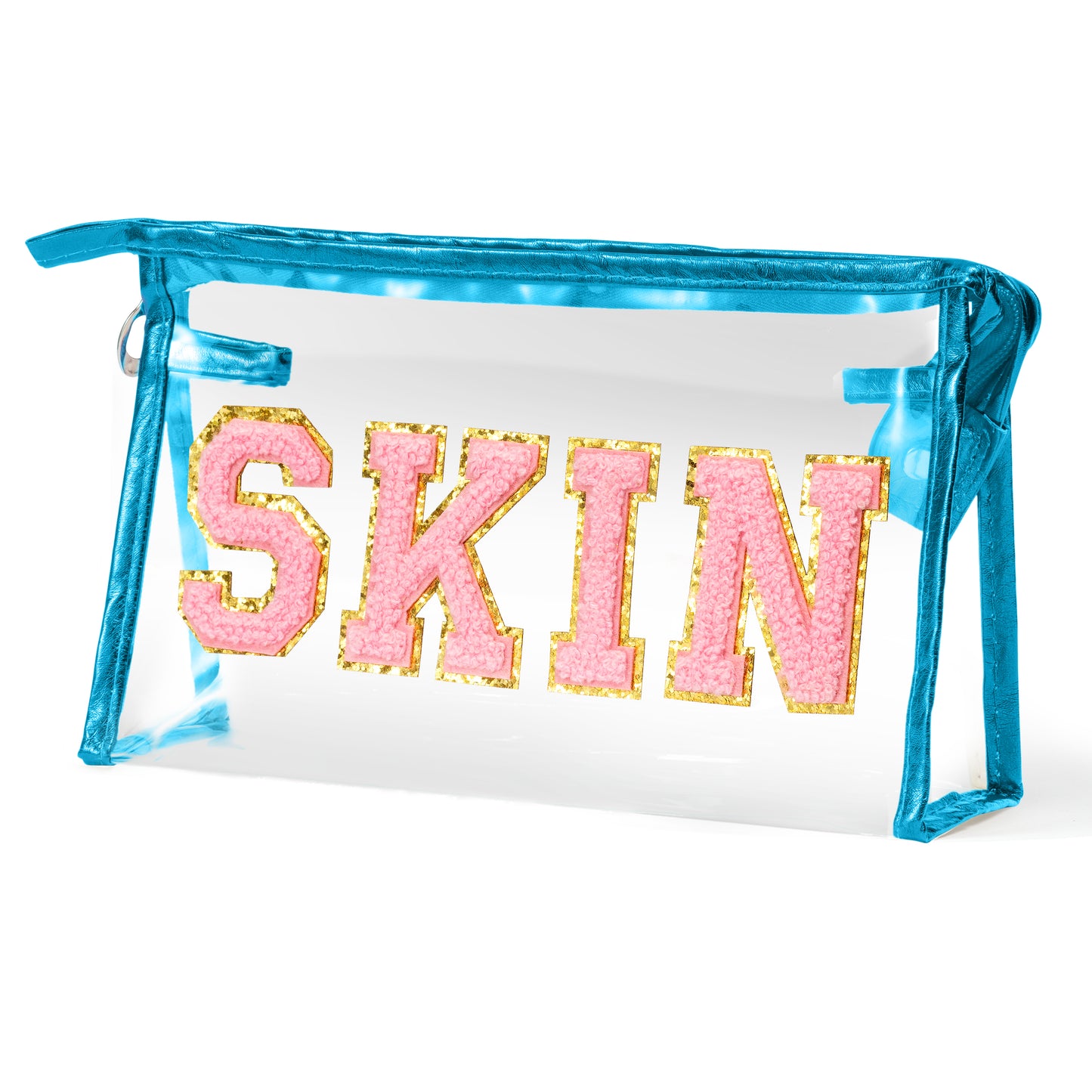AsodSway Pink SKIN Cosmetic Bag - Varsity Patch SKIN Letter Spring Cosmetic Bag Classy Waterproof Portable Transparent Azure Frame PVC Zipper Clutch Bag Summer Travel Party Makeup Bag for Women Girls