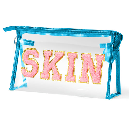AsodSway Pink SKIN Cosmetic Bag - Varsity Patch SKIN Letter Spring Cosmetic Bag Classy Waterproof Portable Transparent Azure Frame PVC Zipper Clutch Bag Summer Travel Party Makeup Bag for Women Girls