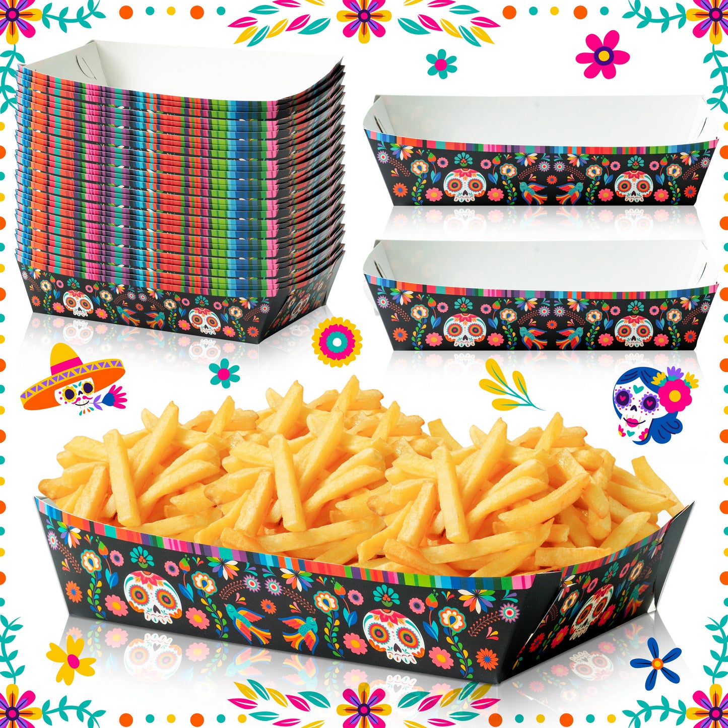 50Pcs Halloween Day of The Dead Food Trays Colorful Skull Element Paper Serving Food Trays Halloween Snack Candy Holder Trays Disposable Popcorn Assembled Trays Food Container Concession Stands