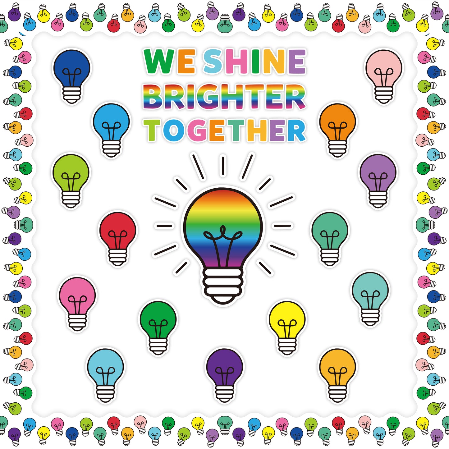 137Pcs Light Bulb Bulletin Board Back to School Decoration Cutouts Set With We Shine Brighter Together Characters and Light Bulb Pattern to Inspire Student Study in Classroom Party Or Home Decoration