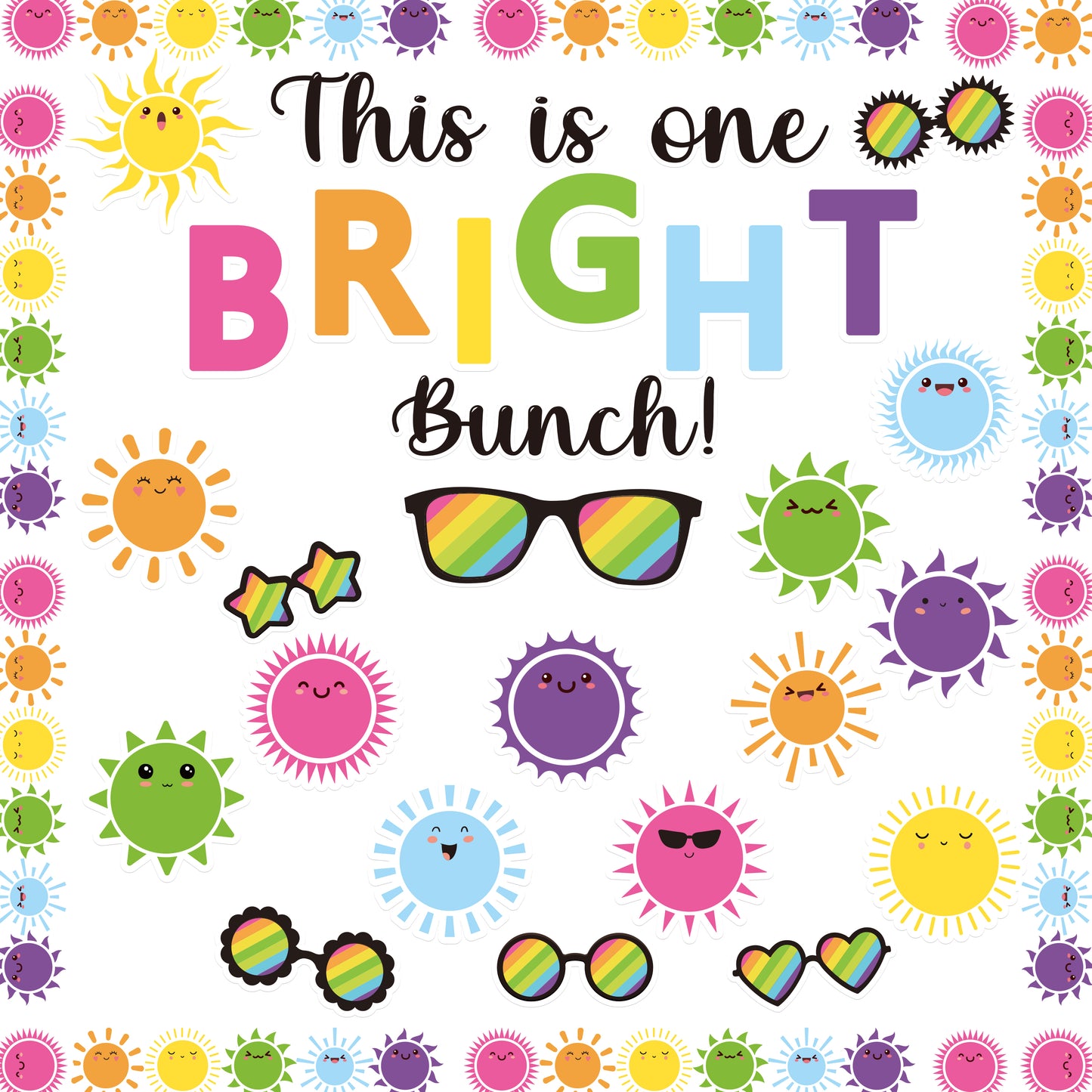 119Pcs Sun Sunglasses Motivational Bulletin Board Back to School Decoration Cutouts With This is One Bright Bunch Characters and sun pattern to Inspire Child Study Hard in Classroom Home Party Decor
