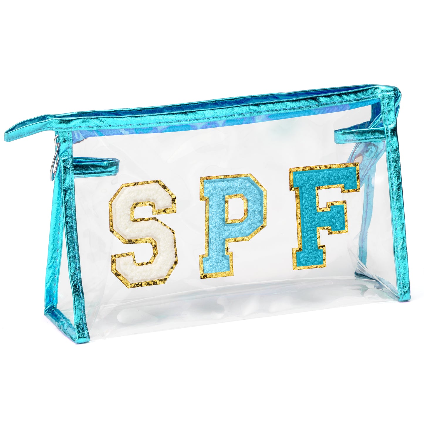 Preppy Patch Azure SPF Varsity Letter Cosmetic Bag Aesthetic Waterproof Portable Cosmetic Bag Transparent PVC Zipper Bag Daily Use Clutch Purse Travel Party Makeup Bag for Women Girls (Sky Blue)