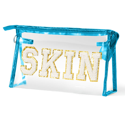 AsodSway White SKIN Cosmetic Bag - Varsity Patch SKIN Letter Spring Cosmetic Bag Classy Waterproof Portable Transparent Azure Frame PVC Zipper Clutch Bag Summer Travel Party Makeup Bag for Women Girls